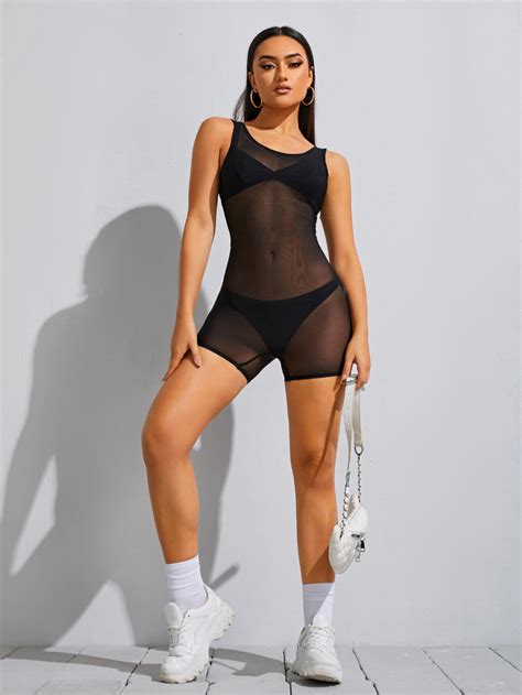 Shein Essnce See Through Mesh Unitard Romper Without Lingerie Shein Uk