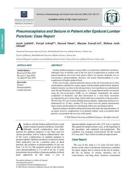 PDF Pneumocephalus And Seizure In Patient After Epidural Lumbar