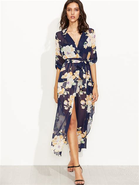 Floral Print Self Tie Surplice Wrap Sheer Dress SheIn Sheinside