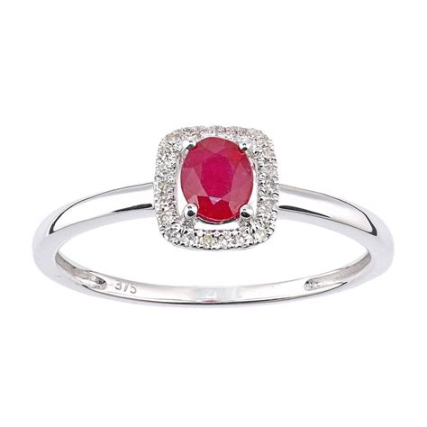 SPARKLD 9ct White Gold Oval Ruby And 0 08ct Diamond Cluster Ring Gold