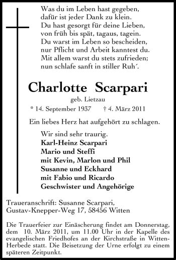 Traueranzeigen Von Charlotte Scarpari Trauer In Nrw De