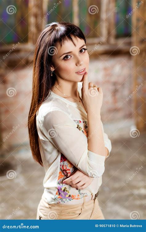 Portrait Of A Sensual Beautiful Brown Eyed Brunette In The Inter Stock Photo Image Of Hair