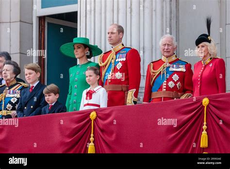 The British Royal Family on the Buckingham Palace balcony to watch the Trooping the Colour fly ...