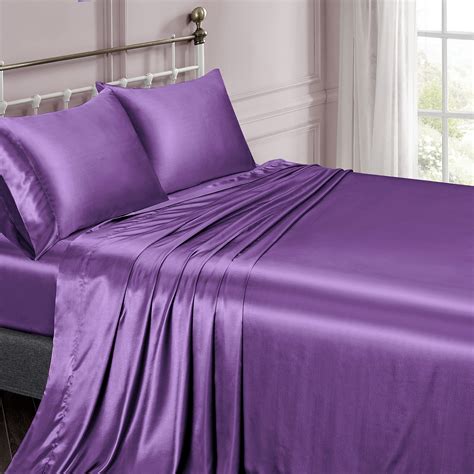 Vonty Satin Sheets Queen Silky Soft Satin Bed Sheets Purple Satin Sheet