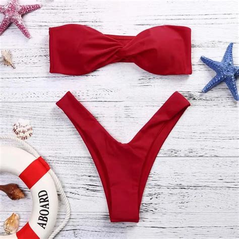 Enchanting Women Swimwear Bandeau Twist Front Thong Bikini Swimsuit