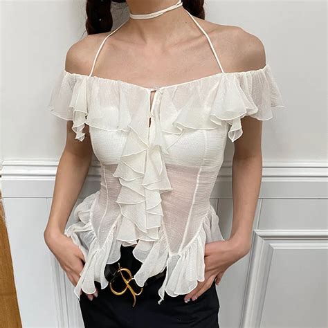 Puloru Fairy Ruffle Trim Halterneck Camisoles See Through Off Shoulder