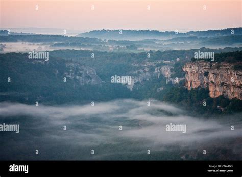France, Lot, Autoire, Aerial view of the cliffs of the Cirque d'Autoire