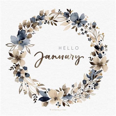 A Watercolor Wreath With The Words Hello January Written In Gold Blue