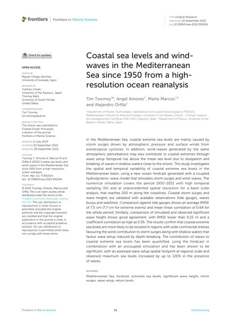 PDF Coastal Sea Levels And Wind Waves In The Mediterranean Sea Since