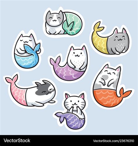 Sticker Set With Cute Kawaii Cat Mermaid Vector Image