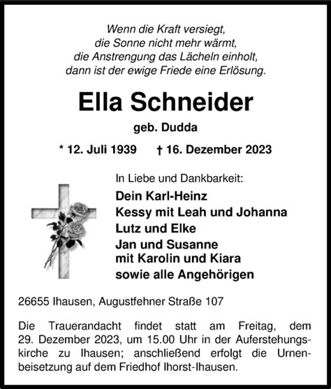 Traueranzeigen Von Ella Schneider Nordwest Trauer De