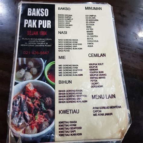 Menu At Bakso Pak Pur Restaurant Jakarta Jl Apron Kecamatan No 47