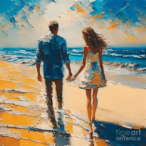 Palette Knife Painting Romantic Couple Walking On Beach Sand, Beach ...