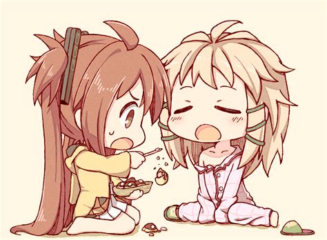 2girls Aihara Enju Barefoot Black Bullet Blonde Hair Blush Brown Hair Chibi Food Kata Meguma