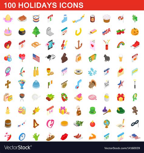 100 Holidays Icons Set Isometric 3d Style Vector Image