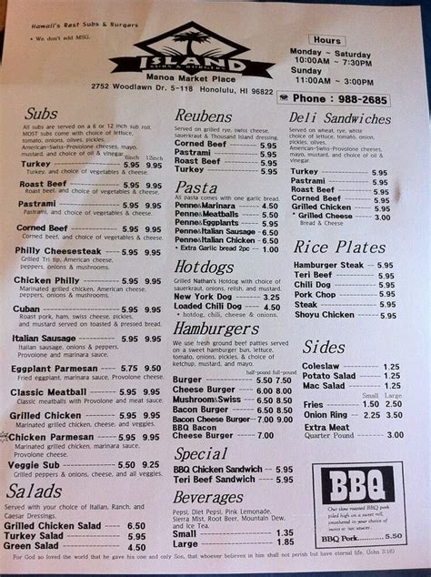 Menu Of Island Sub And Burger In Honolulu Hi 96822