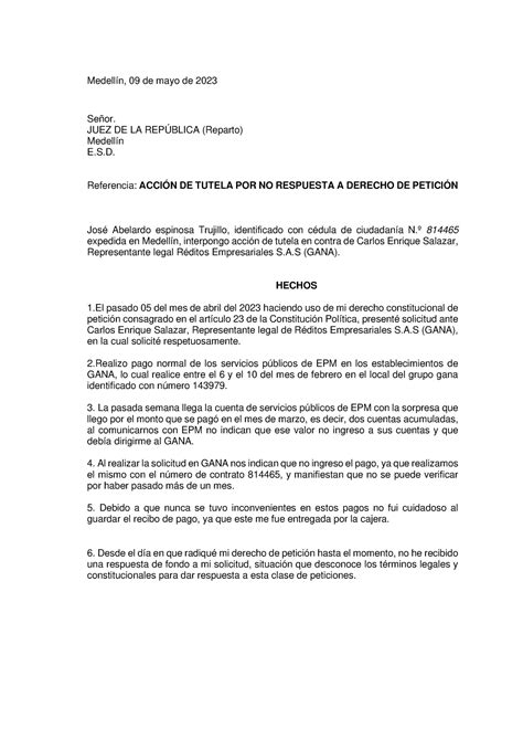 Acción de tutela petición Constitucional Medellín 09 de mayo de