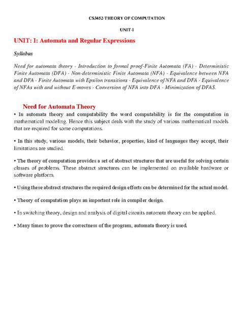 TOC Notes All Units Theory Of Computation CS3452 THEORY OF