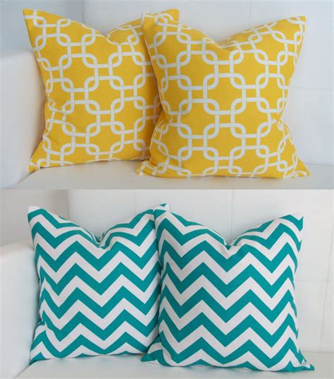 Four Yellow Gotcha Turquoise Chevron Decorative Pillow Covers For Accent Throw Pillows 16x16