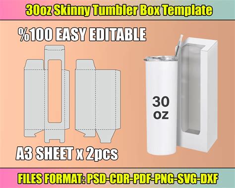 30oz Skinny Tumbler Box Template Gift Box Template Easy Editable Svg