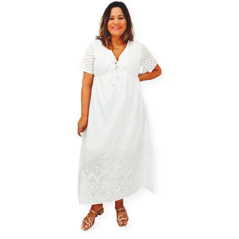 Vestido Branco Longo Manga Curta Indiano Lesi Algodão 456 Submarino