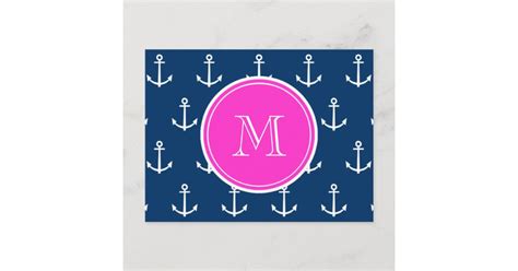 Navy Blue White Anchors Pattern Hot Pink Monogram Postcard