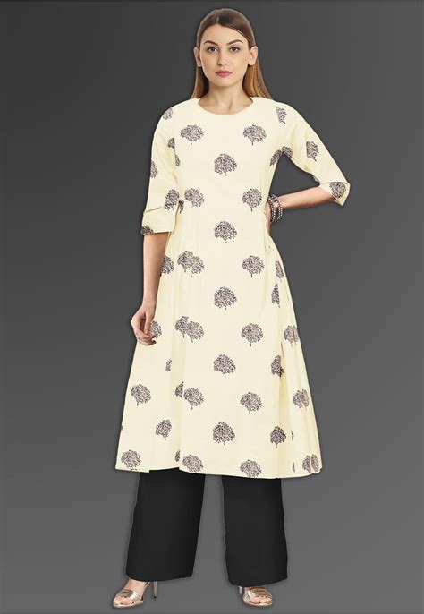 Buy Block Printed Art Silk Aline Kurta Set In Beige Online TBQ760