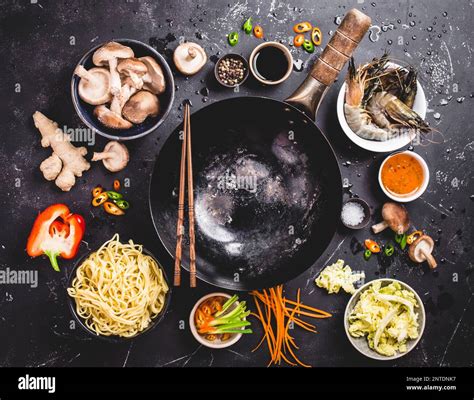 Asian Food Cooking Concept Empty Wok Pan Noodles Vegetables Stir Fry