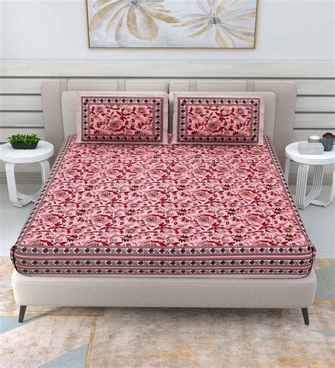 Buy Pink Traditional Tc Cotton Double Queen Bedsheet With Pillow