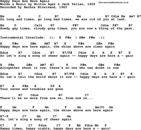 Song lyrics with guitar chords for Happy Days Are Here Again - Barbra ...