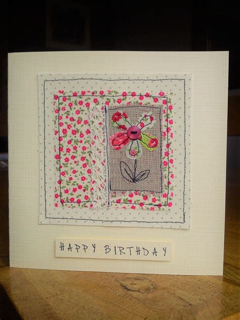 Machine Sewn Birthday Card Made With Pretty Fabrics Lace Burlap A