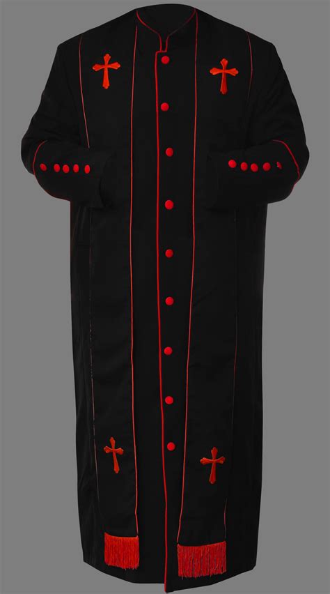 Mens Black Clergy Robe With Red Trim And Buttons Accent