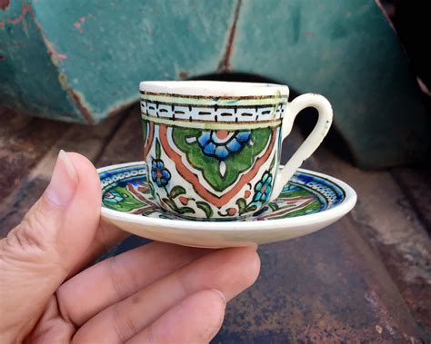 Small Espresso Cup And Saucer From Southern Spain Talavera Pottery Green Kitchen Demitasse Teacup