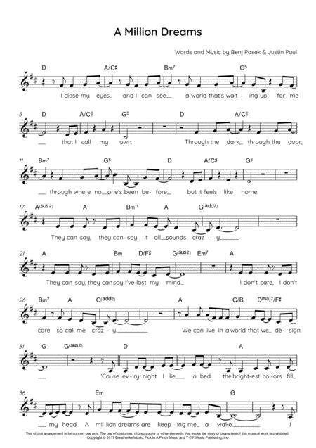 A Million Dreams Arr Vicky Jacobs By Pink Sheet Music For Part