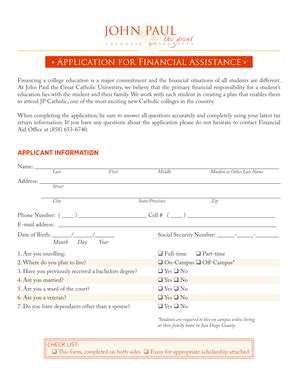 Fillable Online Financial Aid Application Form John Paul The Great