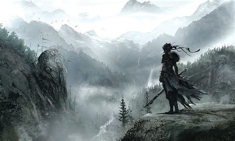 Hd Wallpaper Swordsman Standing On Cliff Digital Wallpaper Warrior Digital Art Wallpaper