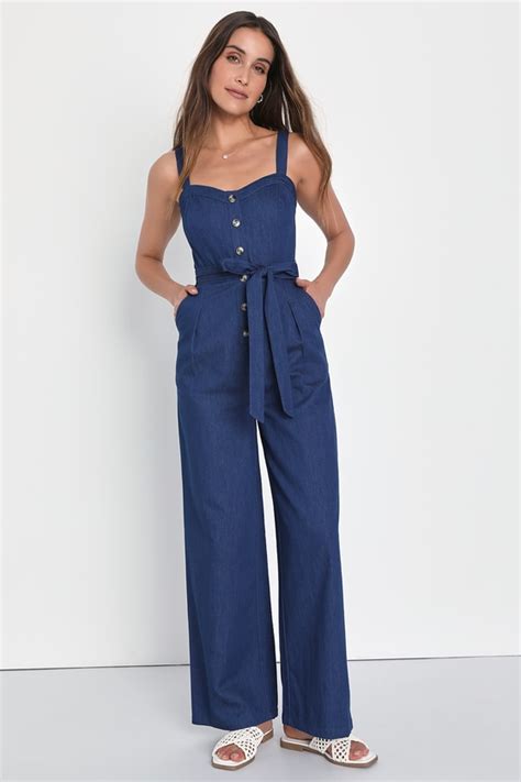 Medium Wash Jumpsuit Wide Leg Chambray Jumpsuit Jumpsuit Lulus