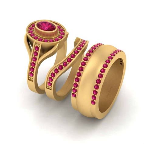 145tcw Ruby Wedding Rings Sets His And Her Couple Trio Rings