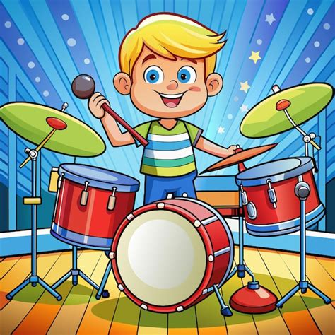 Premium Vector A Cartoon Boy Playing A Drum Set With A Boy Playing A