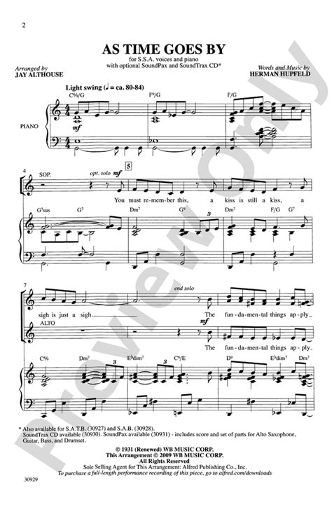 As Time Goes By Ssa Choral Octavo Herman Hupfeld Digital Sheet