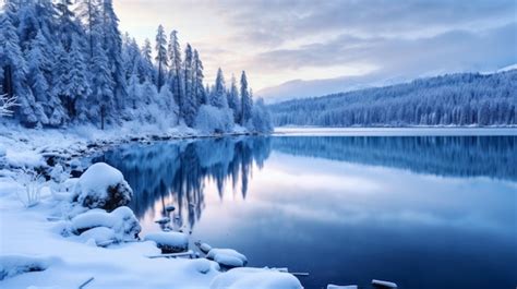 Premium AI Image | Panorama of winter dawn on a mountain lake with a ...