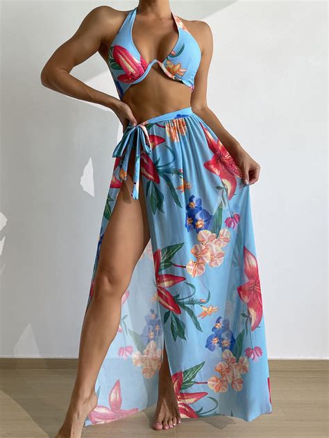 Piezas Ba Ador Bikini Con Aro Con Estampado Floral Con Falda Playera