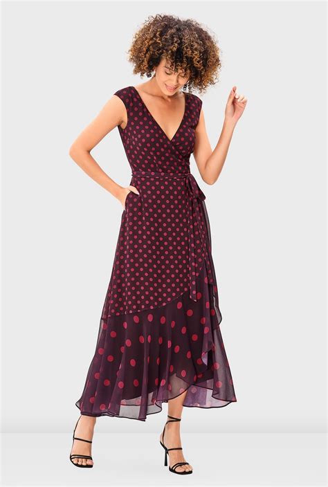 Shop Mixed Polka Dot Print Georgette Wrap Dress Eshakti