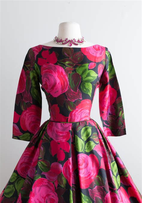 Iconic Late 1950 S Silk Rose Print Cocktail Dress Waist 26 Xtabay Vintage