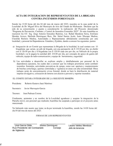 ACTA DE Integracion DE Representantes DE LA Brigada Contra Incendios