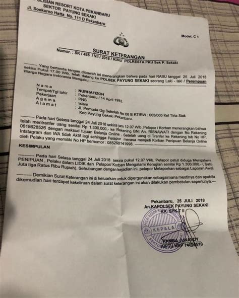 Detail Surat Laporan Polisi Kasus Penipuan Koleksi Nomer