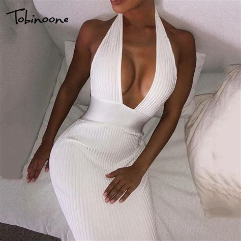 Tobinoone Halter Backless Sexy Knitted Pencil Dress Women White Deep V