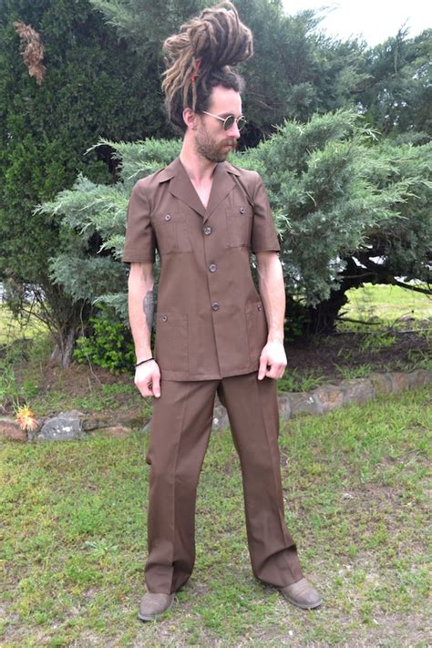 Vintage 70s 60s Chocolate Brown Safari Suit Leisure Gem