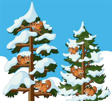 Squirrels Climbing Tree In Winter Vector Art At Vecteezy