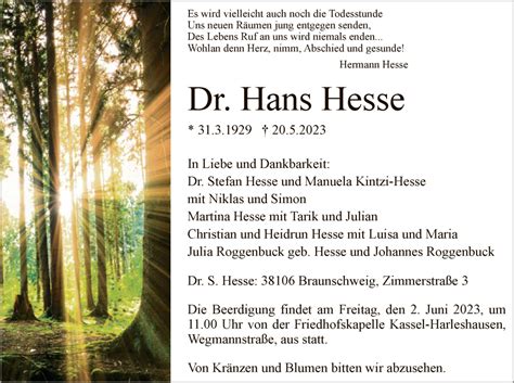 Traueranzeigen Von Hans Hesse Trauer HNA De